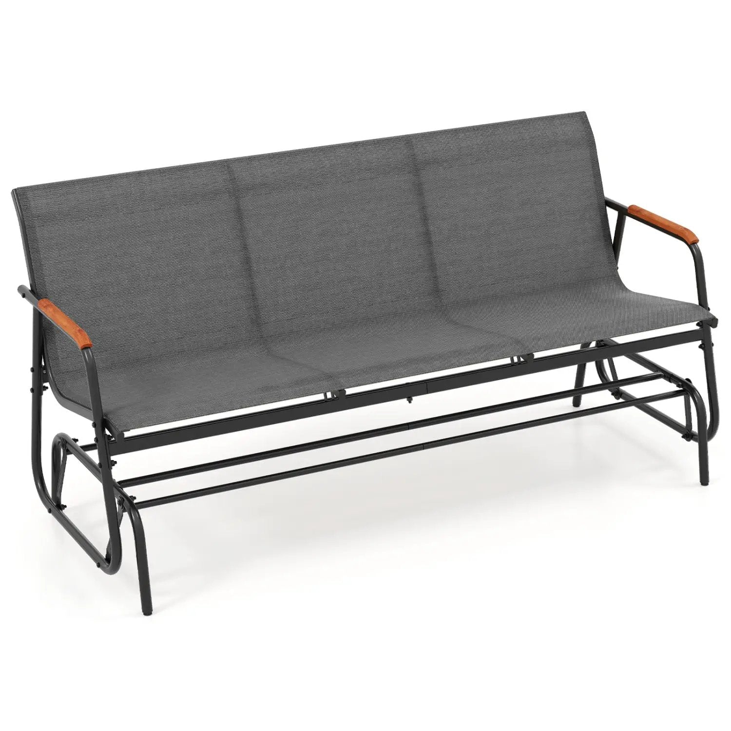 Patio Glider Bench with Curved Teak Armrests and Breathable Fabric Seat for 3 People-Brown by DirectDeals