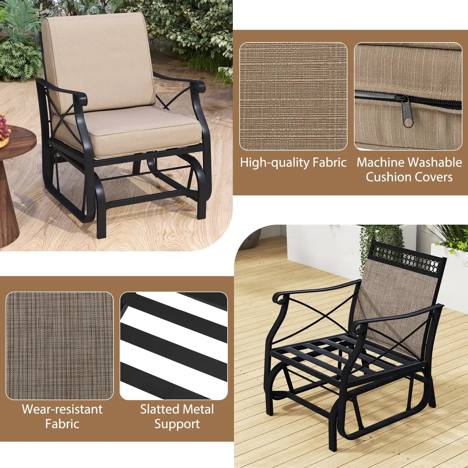 Patio Glider Rocking Chair with Metal Frame and Thick Cushions-Brown by DirectDeals