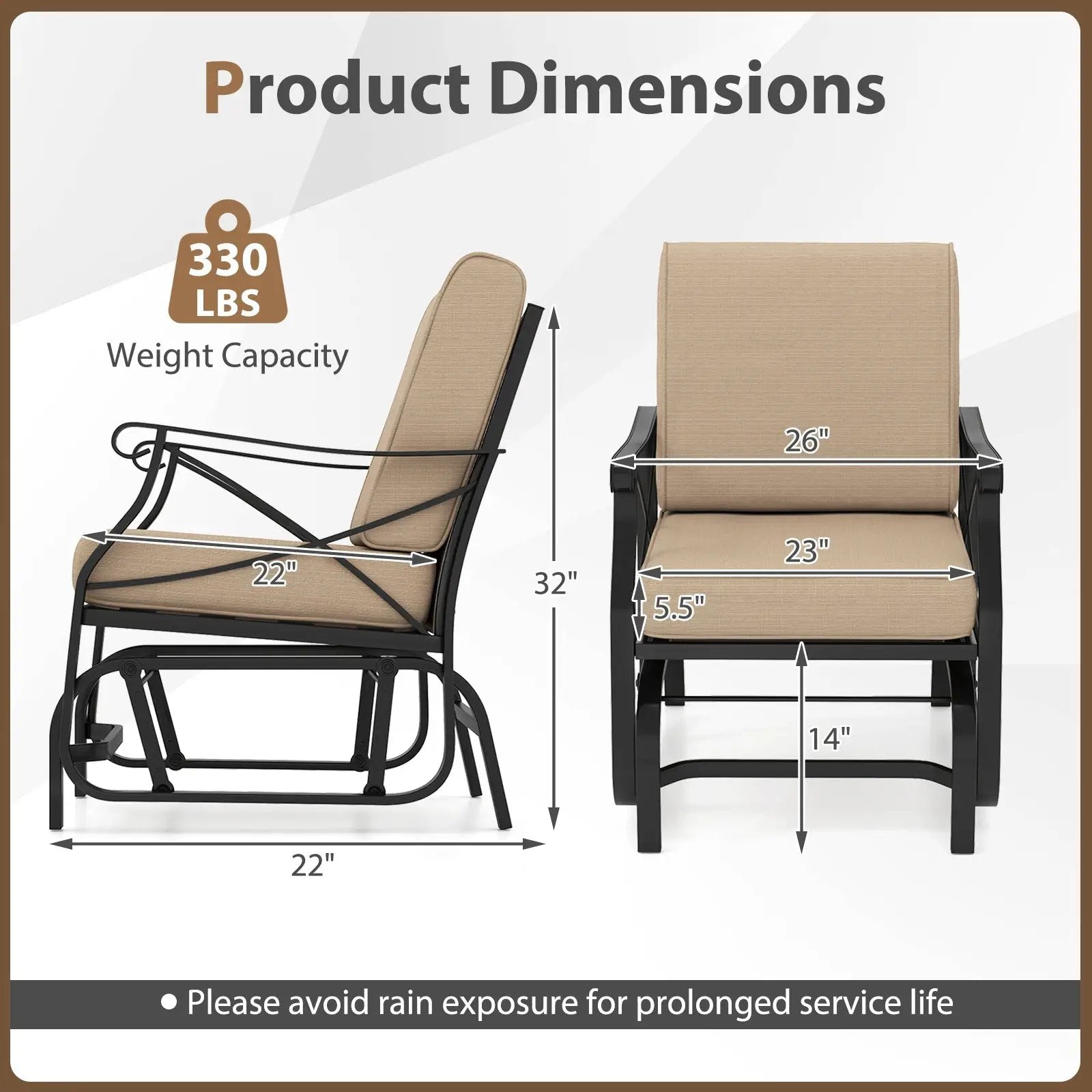 Patio Glider Rocking Chair with Metal Frame and Thick Cushions-Brown by DirectDeals