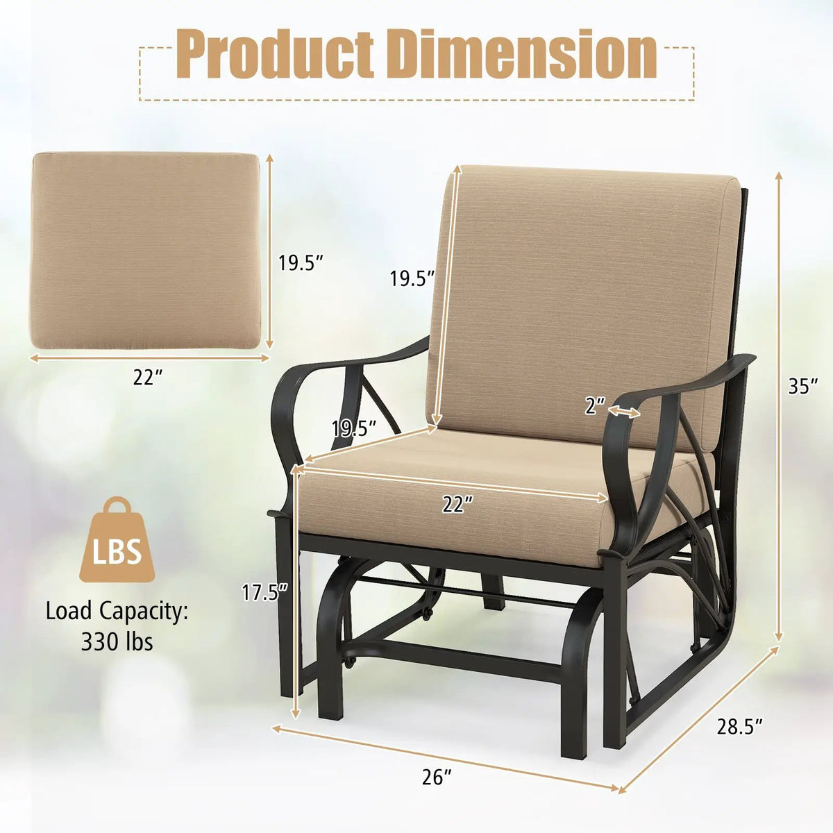Patio Glider Rocking Chair with Thick Cushion and Curved Armrest by DirectDeals