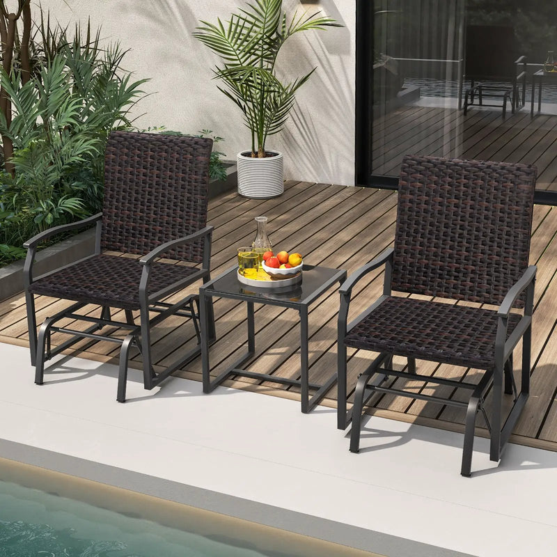 3 Piece Patio Gliding Set with Tempered Glass Coffee Table All Weather-Brown by DirectDeals