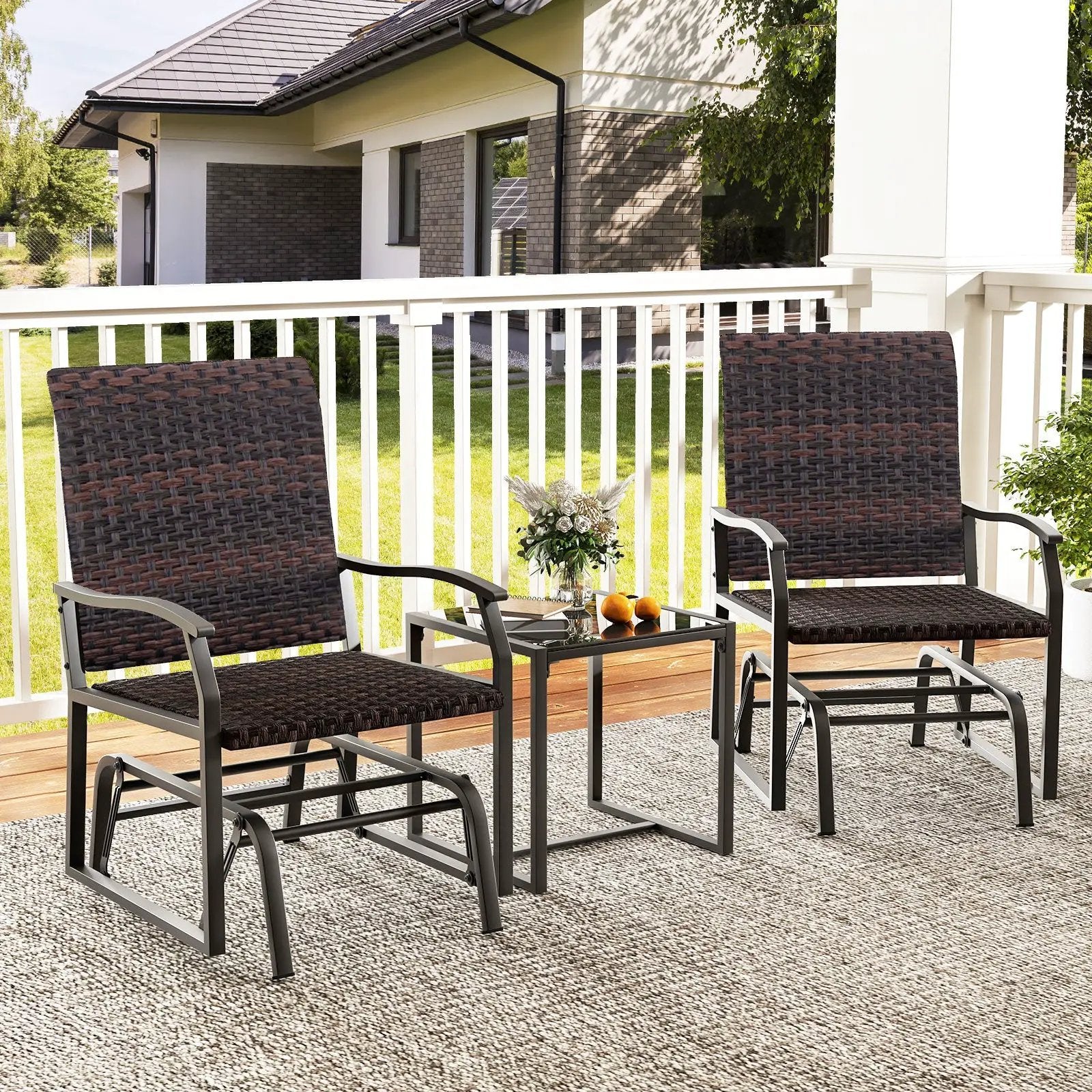 3 Piece Patio Gliding Set with Tempered Glass Coffee Table All Weather-Brown by DirectDeals