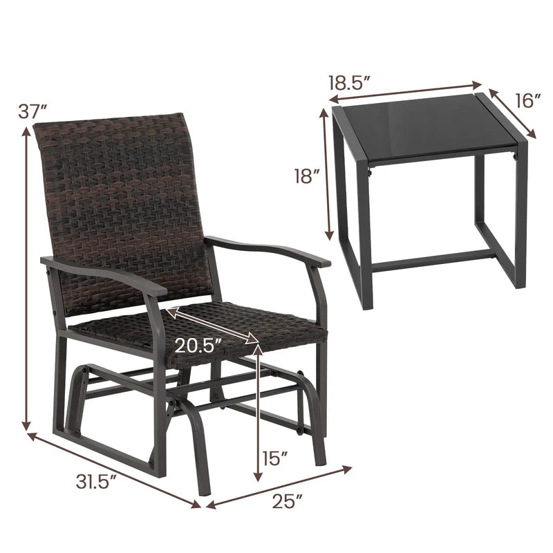 3 Piece Patio Gliding Set with Tempered Glass Coffee Table All Weather-Brown by DirectDeals