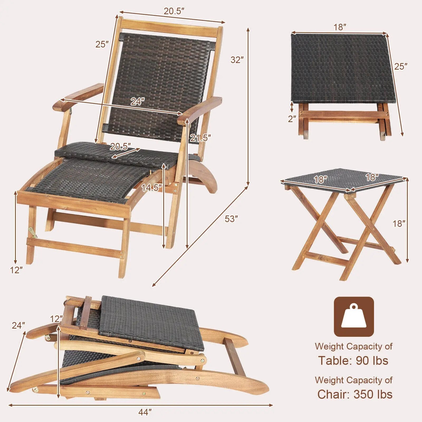 2 Pieces Patio Rattan Folding Lounge Chair with Acacia Wood Table by DirectDeals