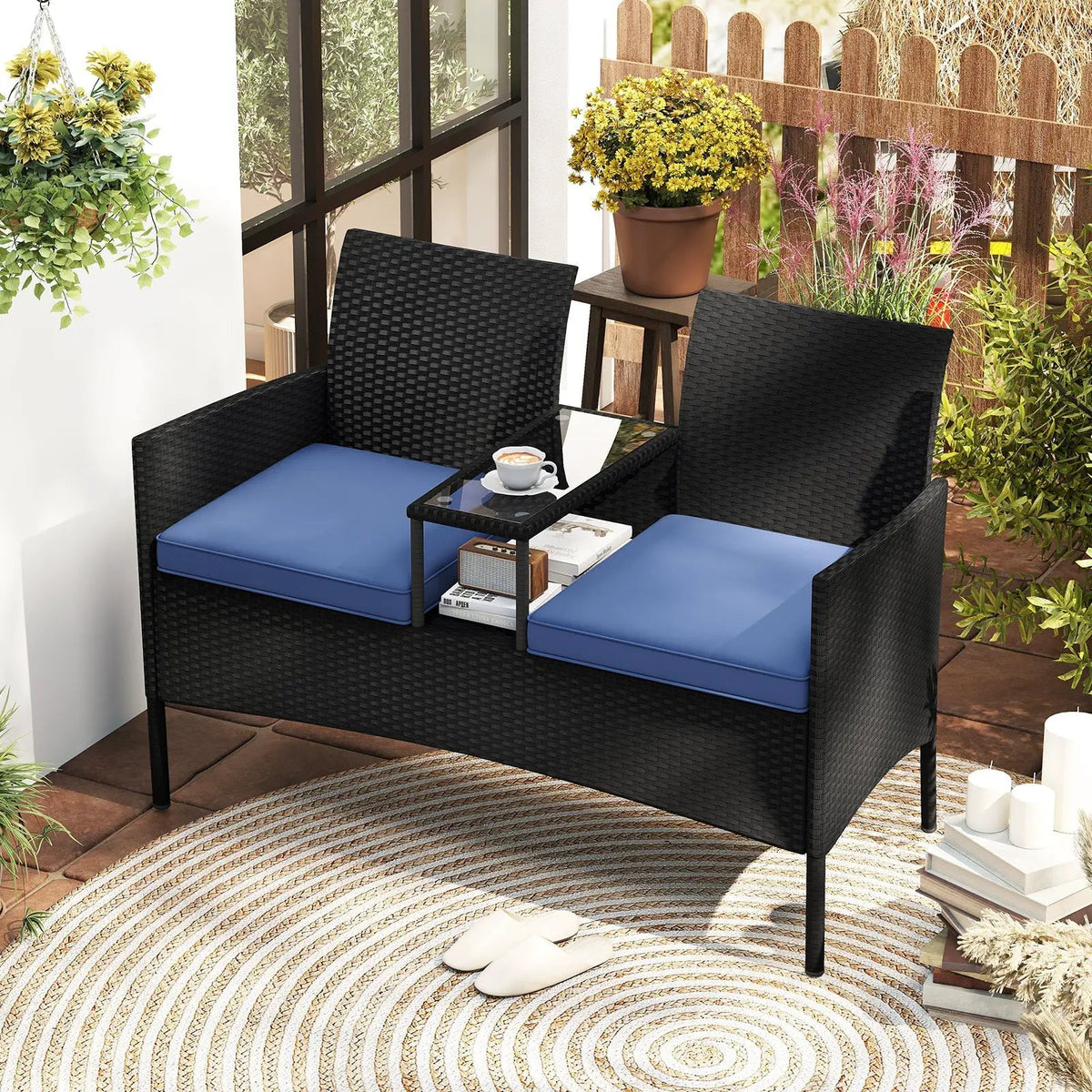 Patio Loveseat with Built-in Table for Backyard Porch by DirectDeals