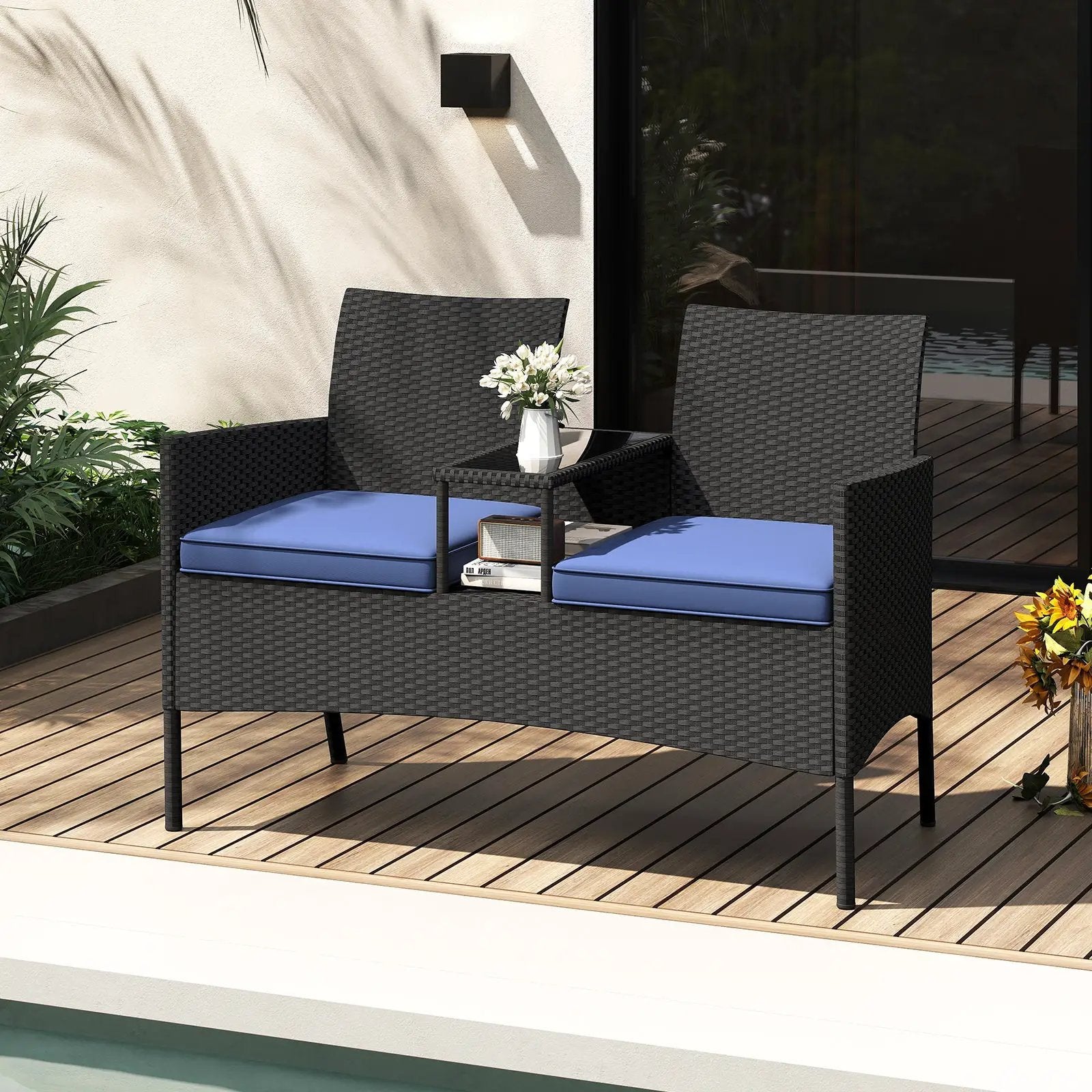 Patio Loveseat with Built-in Table for Backyard Porch by DirectDeals