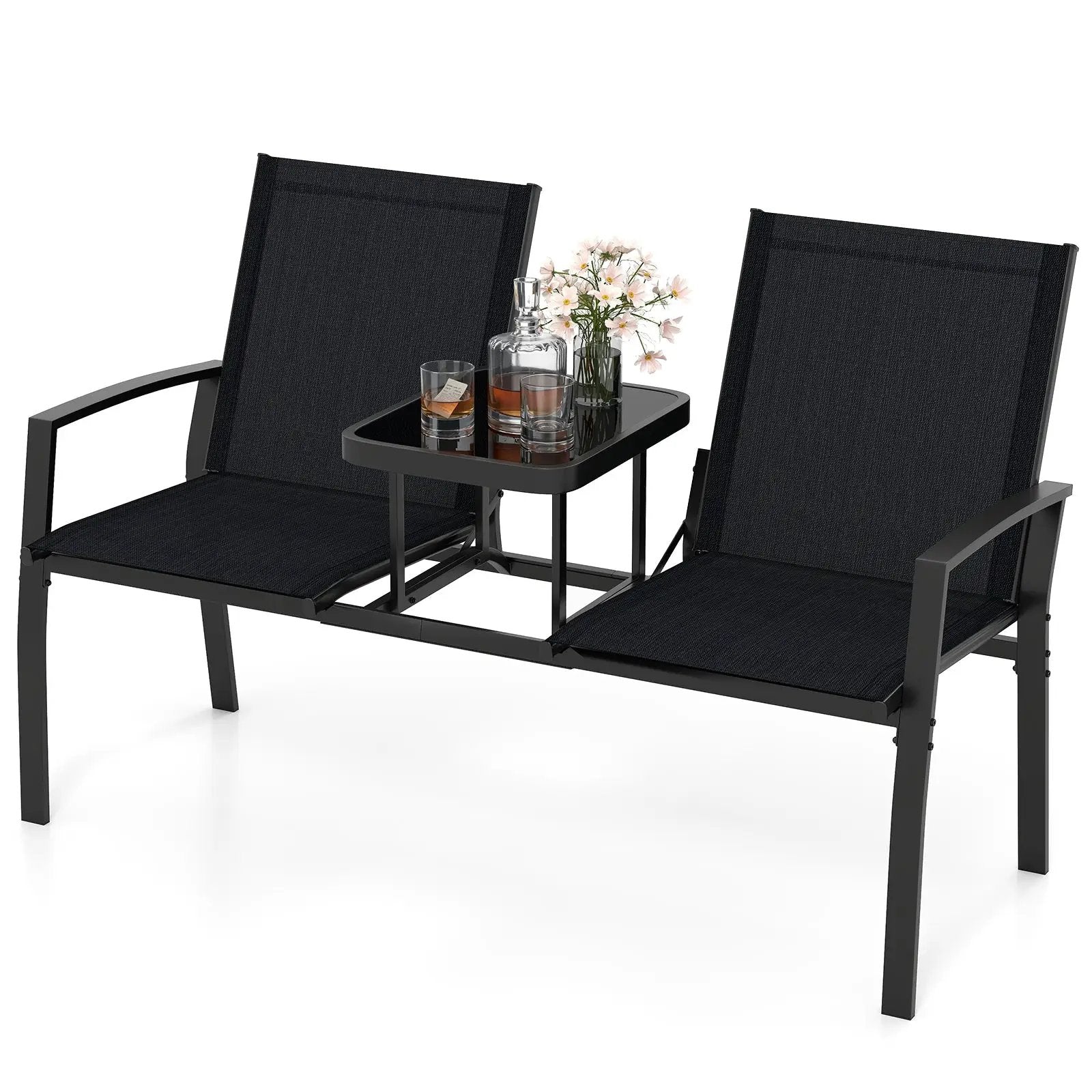 Patio Loveseat with Built-in Table with Breathable Fabric Back-Black by DirectDeals