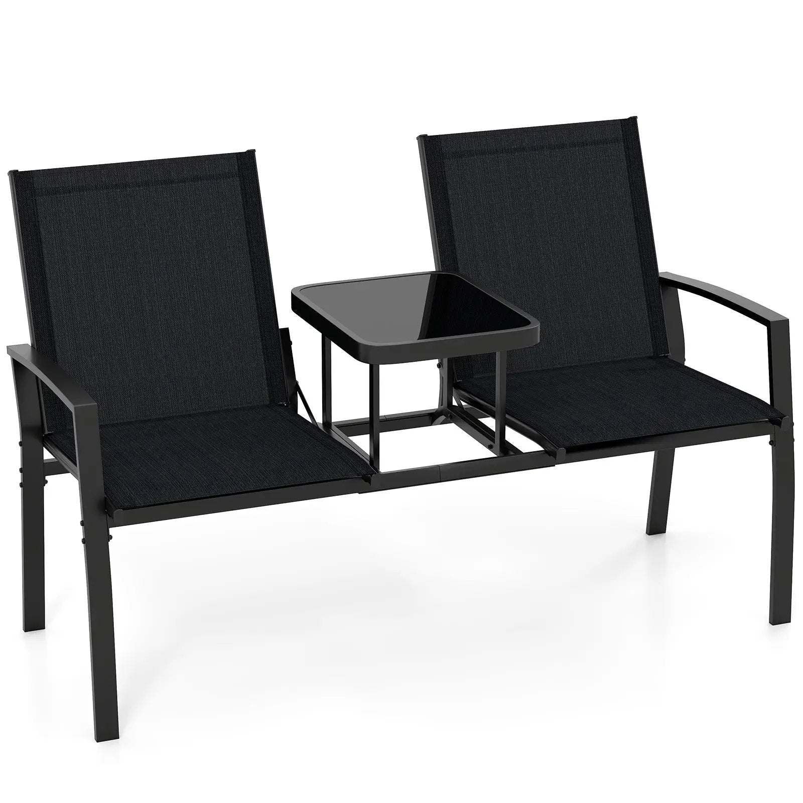 Patio Loveseat with Built-in Table with Breathable Fabric Back-Black by DirectDeals
