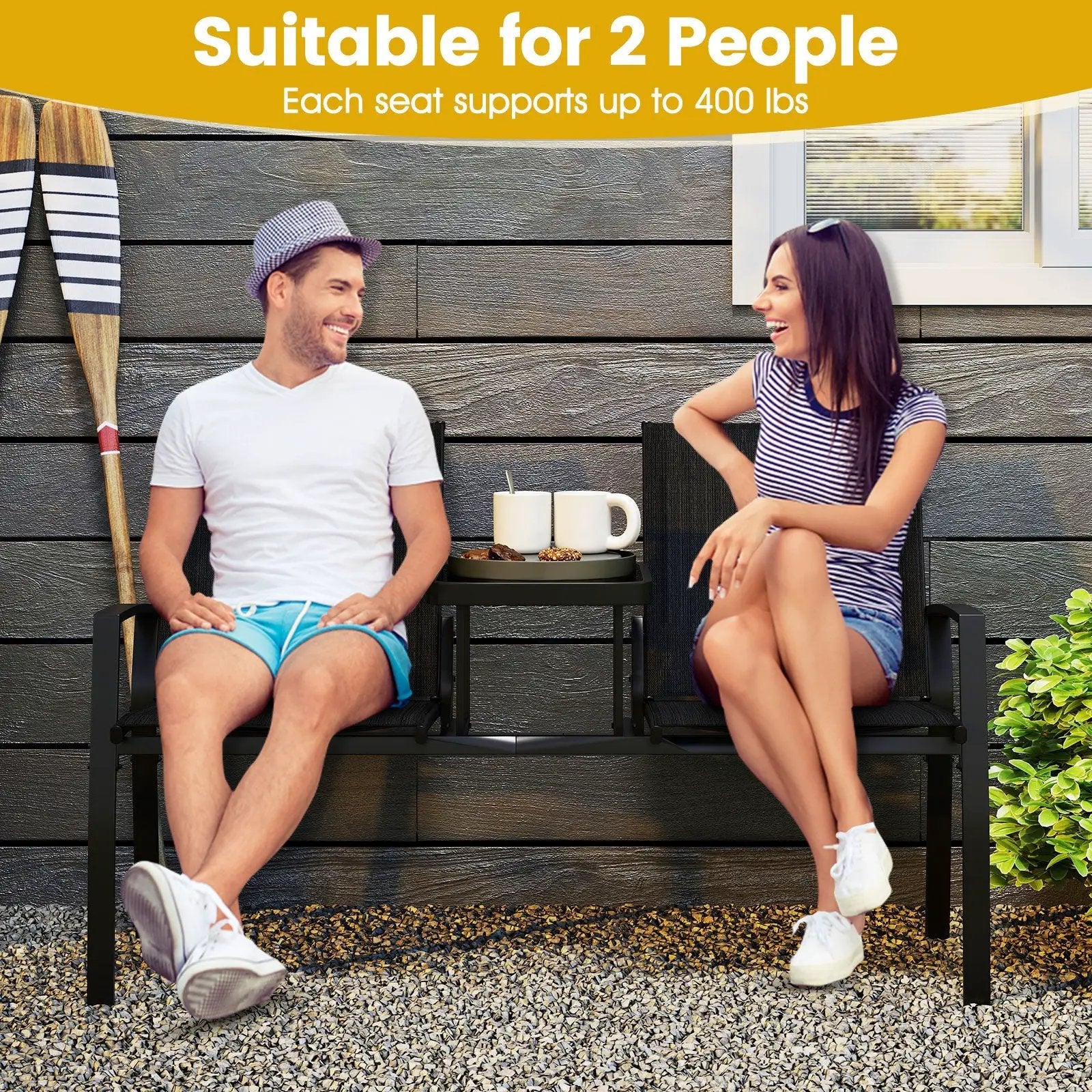Patio Loveseat with Built-in Table with Breathable Fabric Back-Black by DirectDeals
