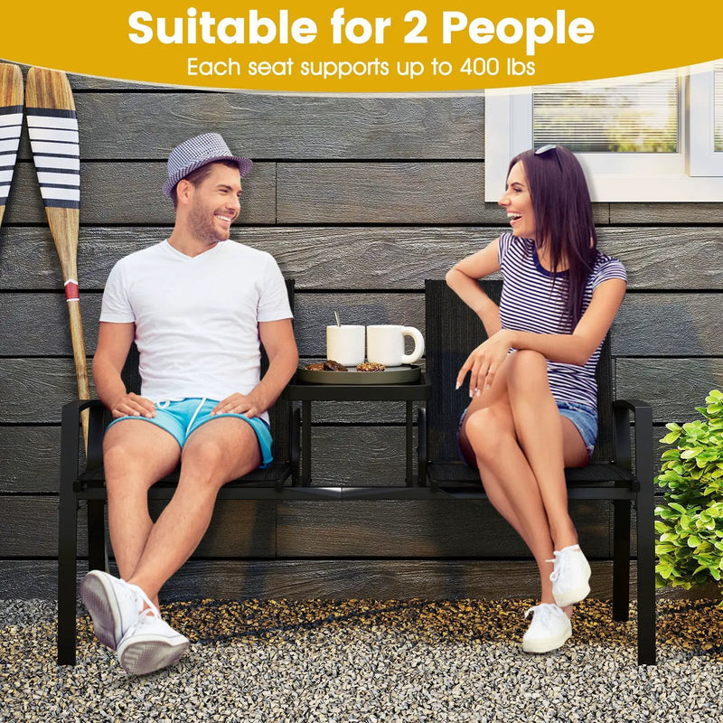 Patio Loveseat with Built-in Table with Breathable Fabric Back-Black by DirectDeals