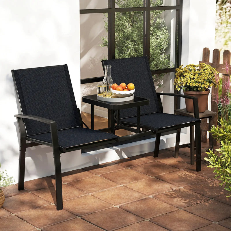 Patio Loveseat with Built-in Table with Breathable Fabric Back-Black by DirectDeals