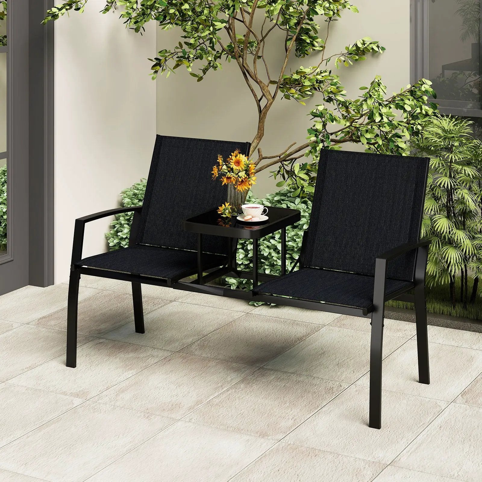 Patio Loveseat with Built-in Table with Breathable Fabric Back-Black by DirectDeals