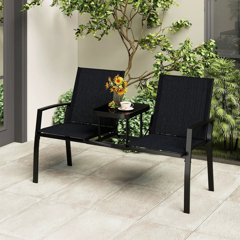 Patio Loveseat with Built-in Table with Breathable Fabric Back-Black by DirectDeals