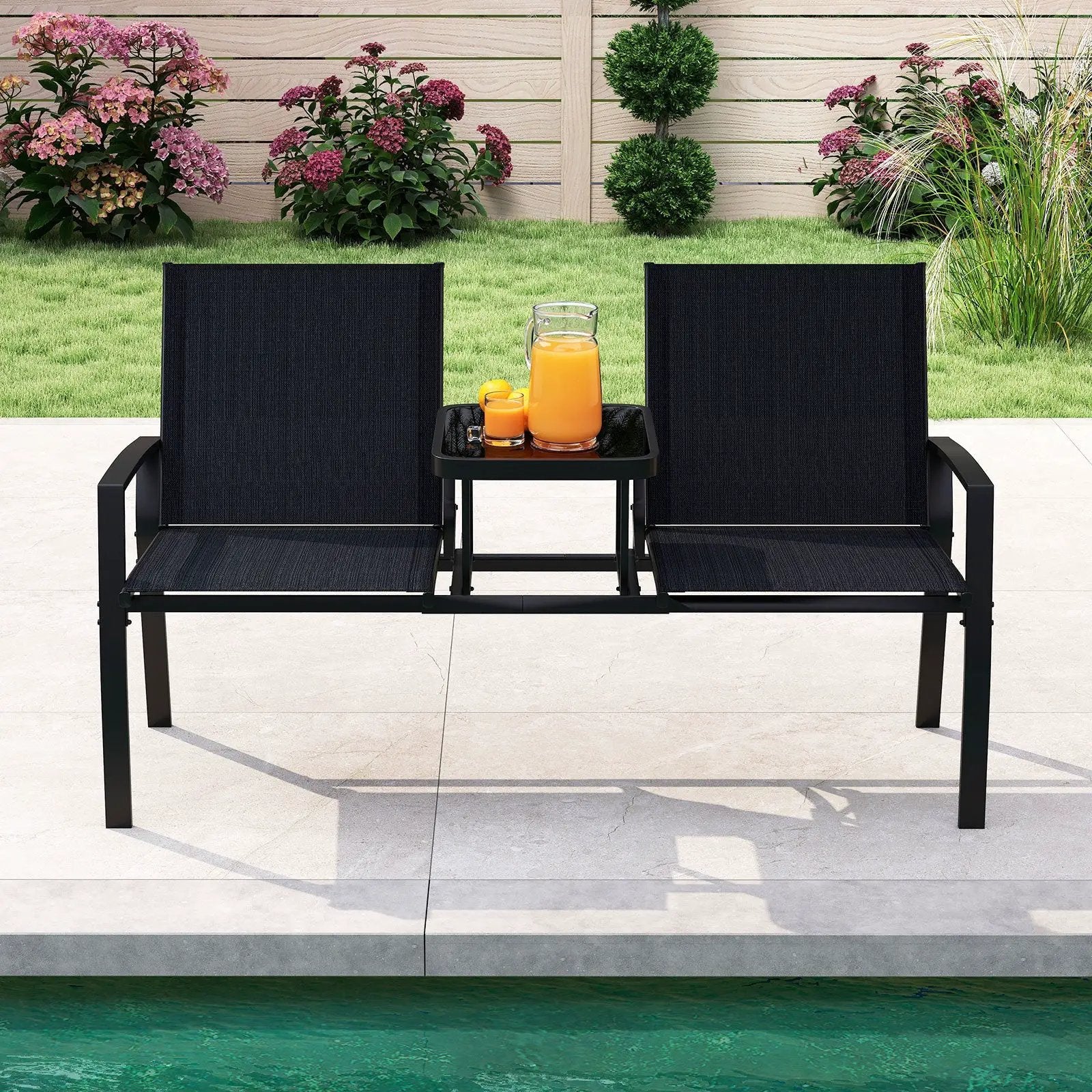 Patio Loveseat with Built-in Table with Breathable Fabric Back-Black by DirectDeals