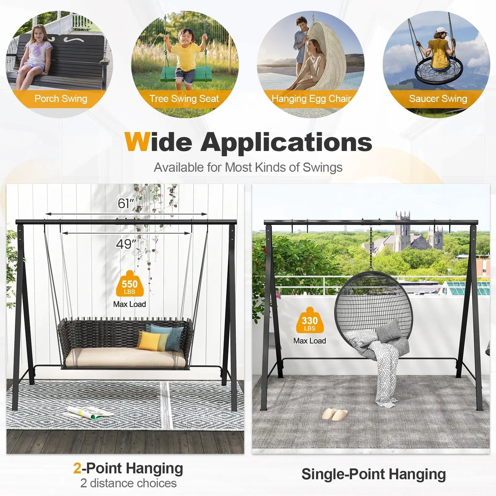 Patio Metal Swing Stand with A-Shaped Structure-Black by DirectDeals
