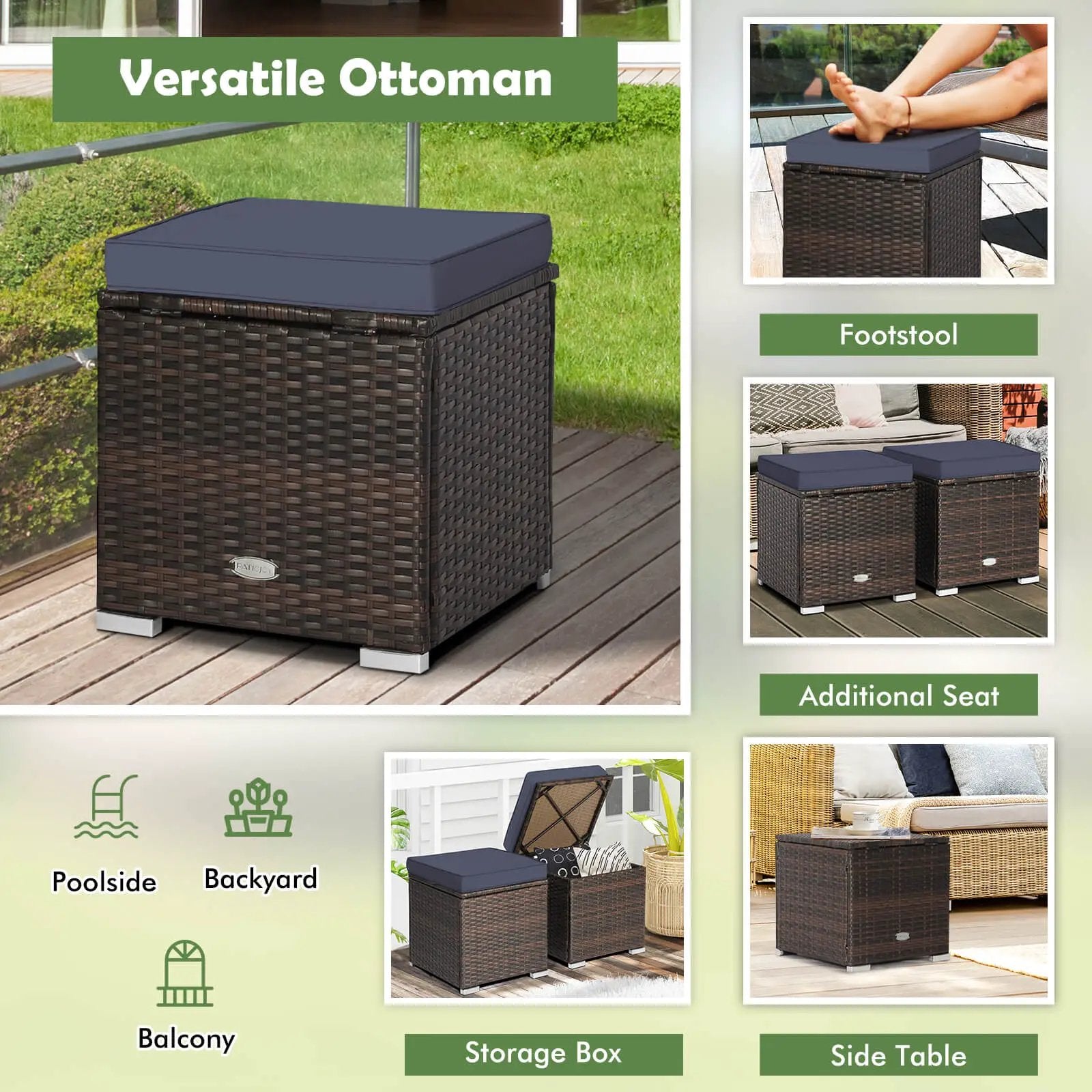 2 Pieces Patio Ottoman with Removable Cushions-Navy by DirectDeals