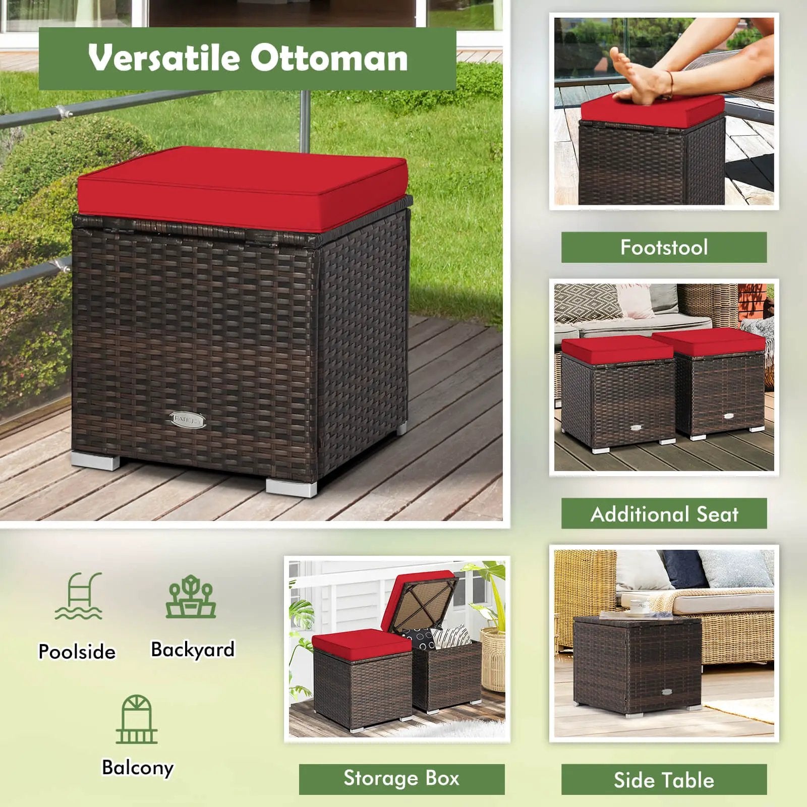 2 Pieces Patio Ottoman with Removable Cushions-Red by DirectDeals