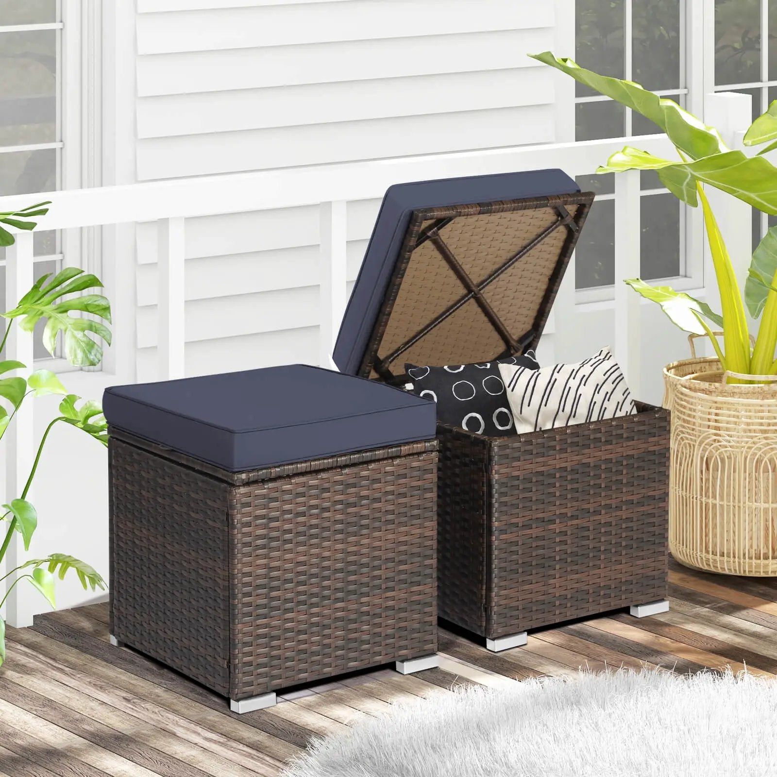 2 Pieces Patio Ottoman with Removable Cushions-Navy by DirectDeals