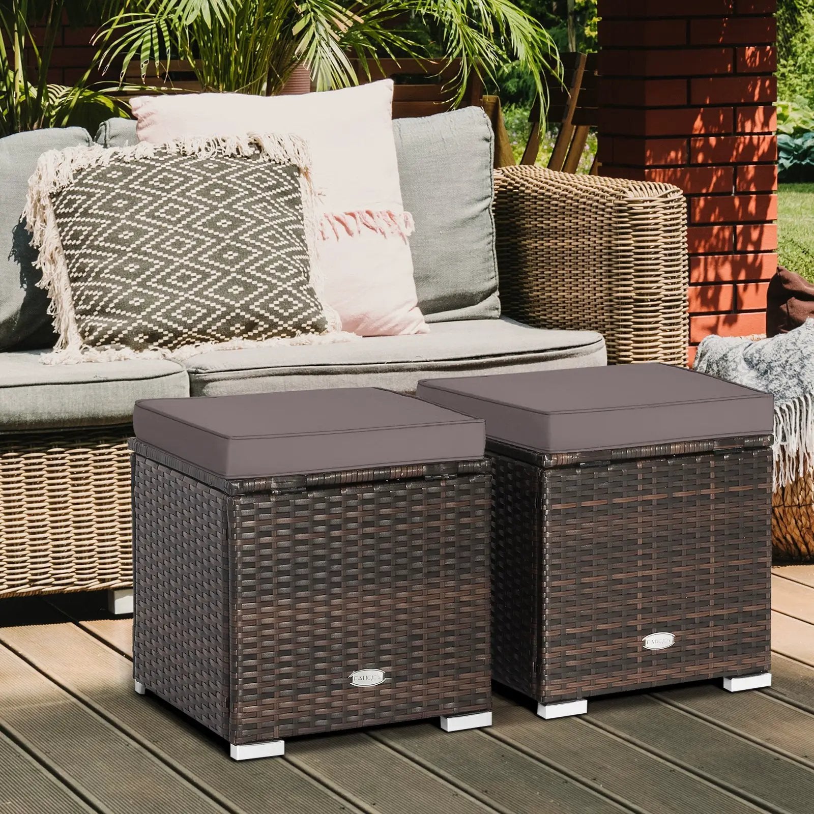 2 Pieces Patio Ottoman with Removable Cushions-Gray by DirectDeals