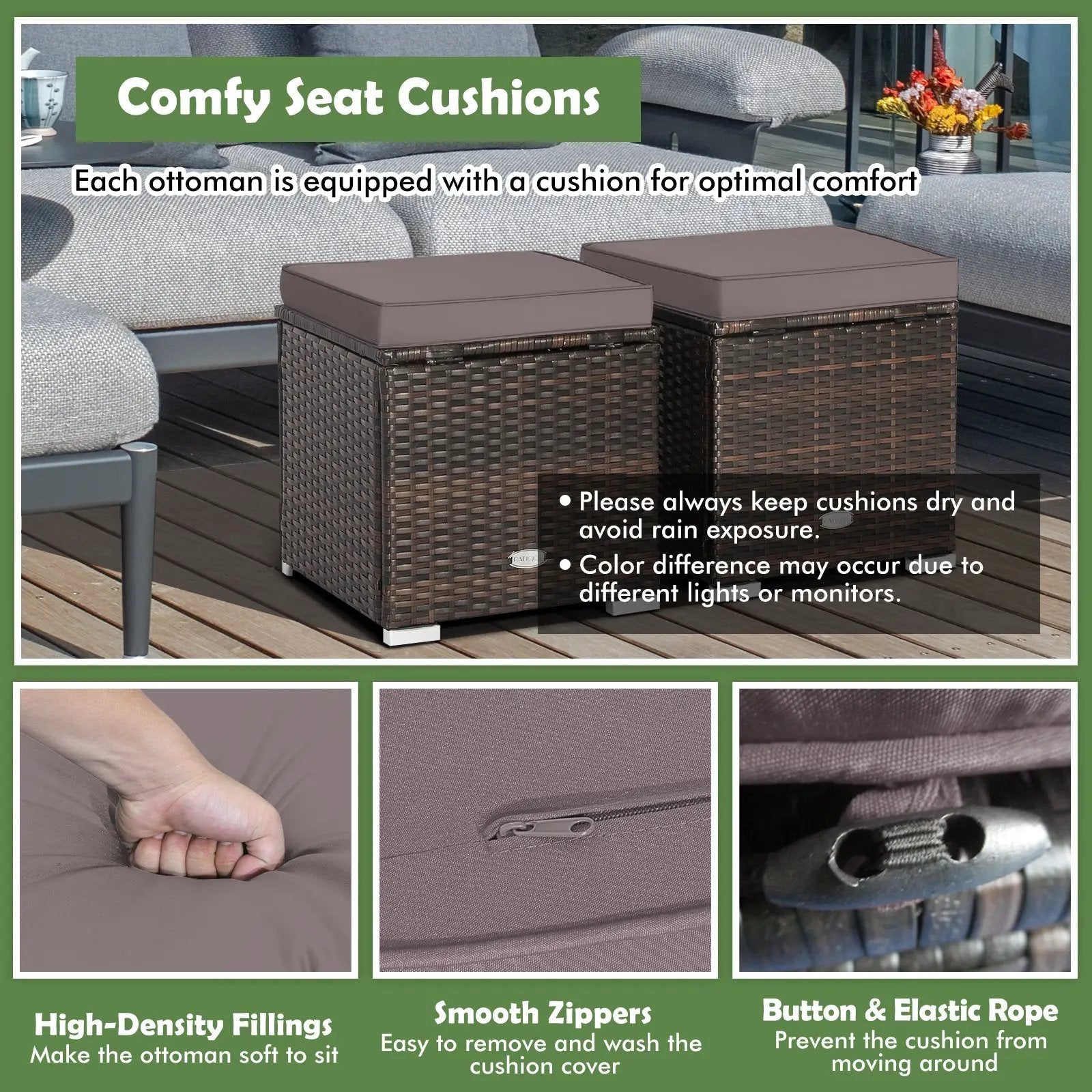 2 Pieces Patio Ottoman with Removable Cushions-Gray by DirectDeals