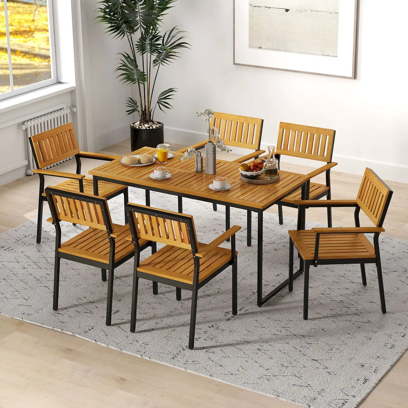 Patio Outdoor Dining Chair Set of 2 with Metal and Acacia Wood Frame by DirectDeals