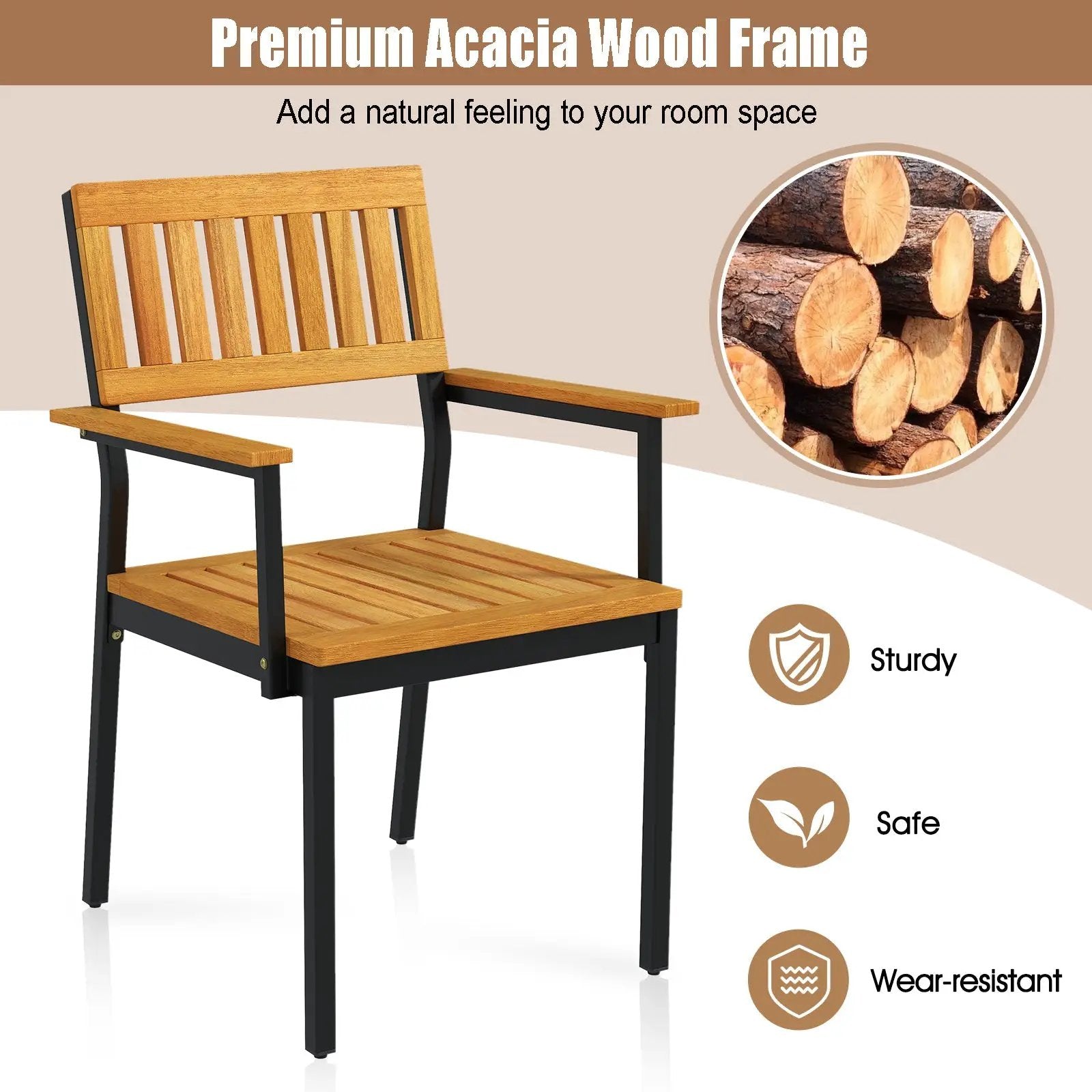 Patio Outdoor Dining Chair Set of 2 with Metal and Acacia Wood Frame by DirectDeals