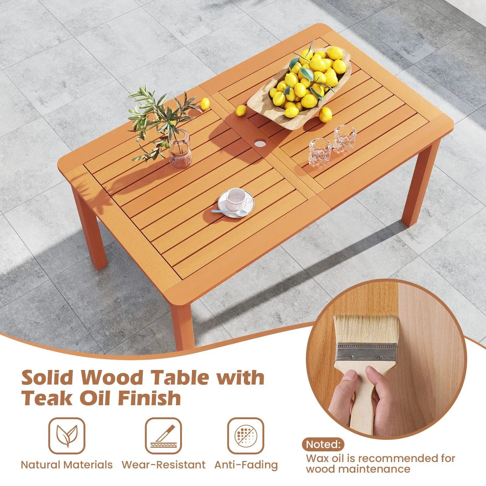Patio Outdoor Solid Wood Dining Table with Umbrella Hole for 6 by DirectDeals