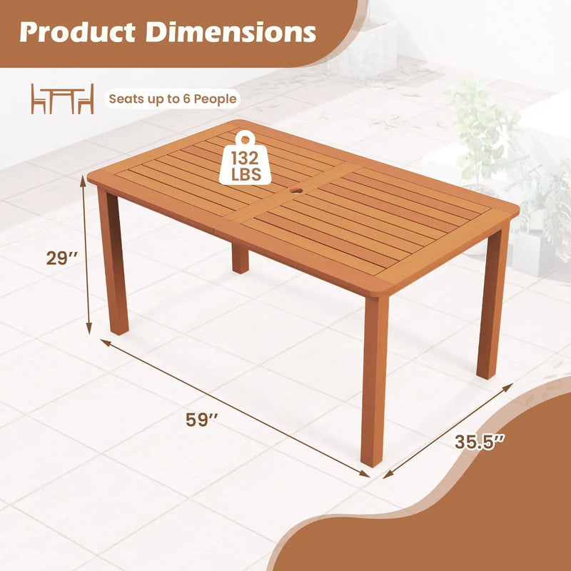 Patio Outdoor Solid Wood Dining Table with Umbrella Hole for 6 by DirectDeals