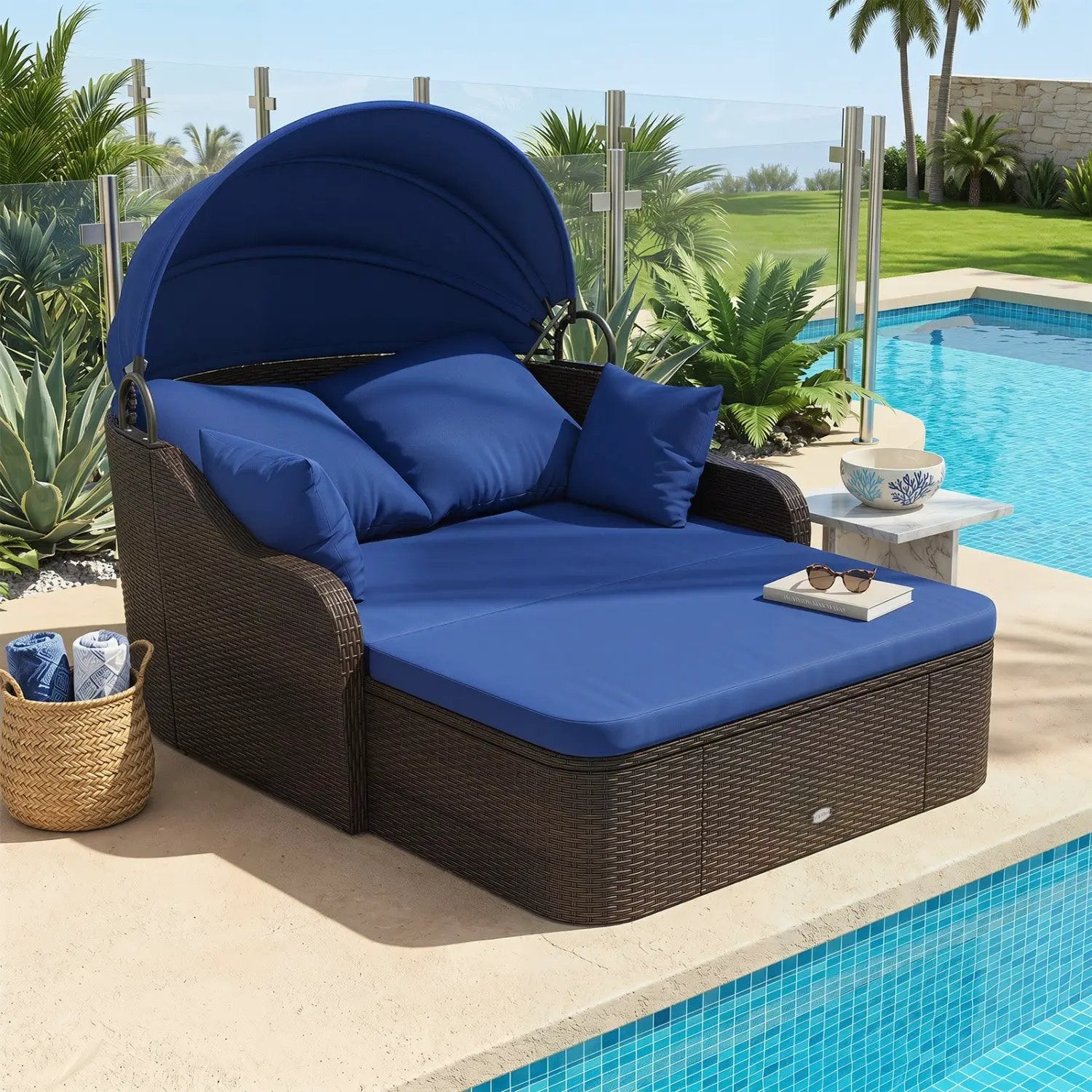 Outdoor Rattan Daybed with Retractable Canopy - Navy by DirectDeals