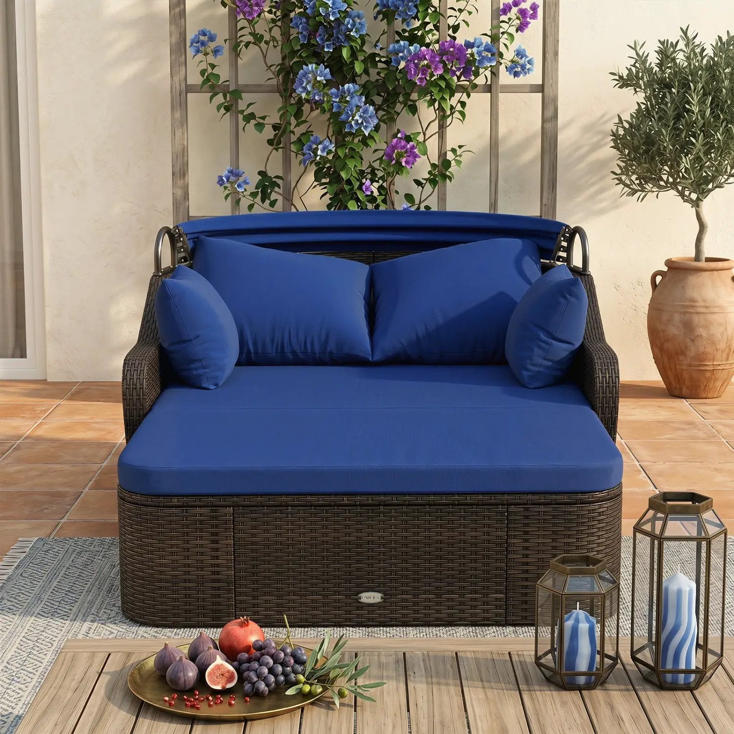 Outdoor Rattan Daybed with Retractable Canopy - Navy by DirectDeals
