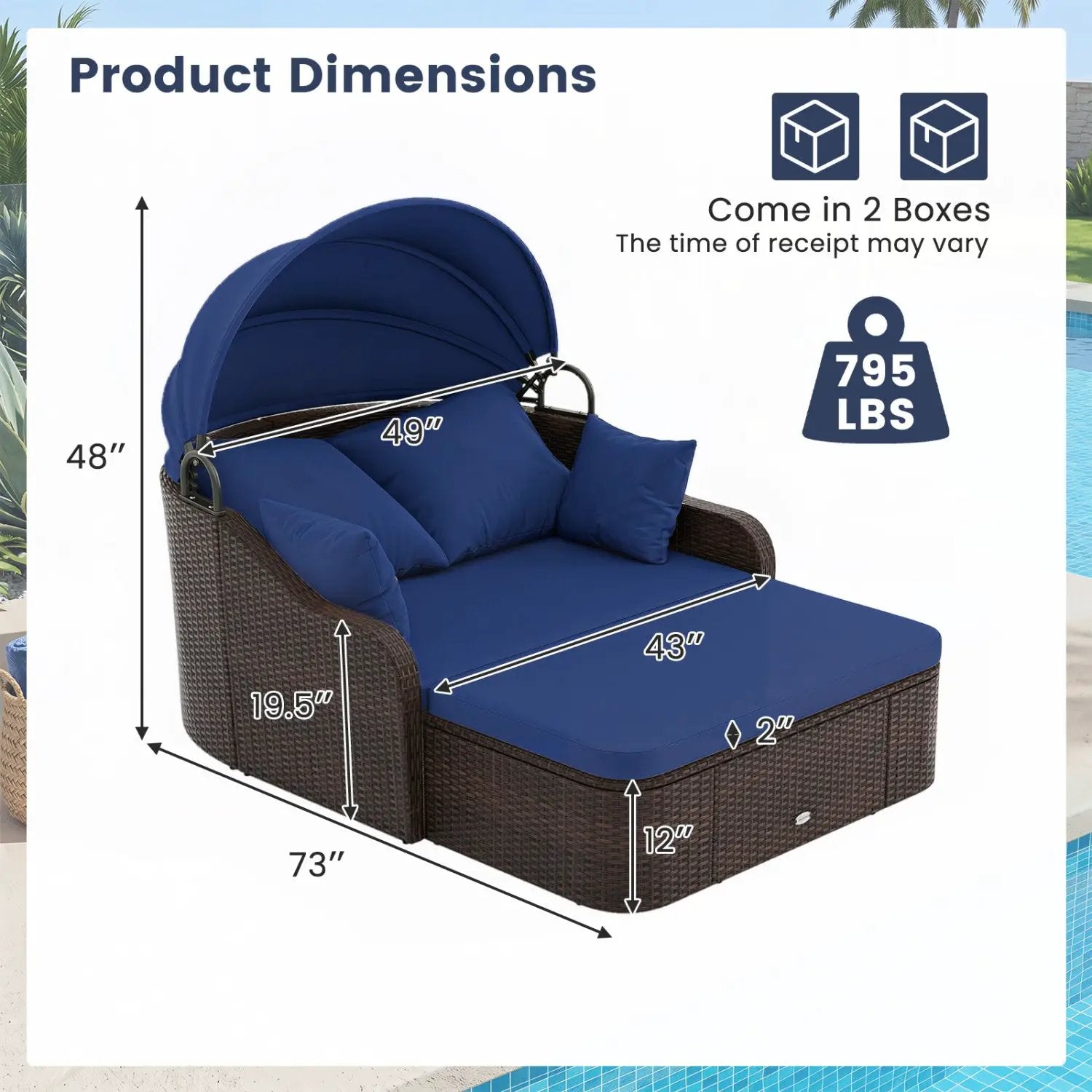 Outdoor Rattan Daybed with Retractable Canopy - Navy by DirectDeals