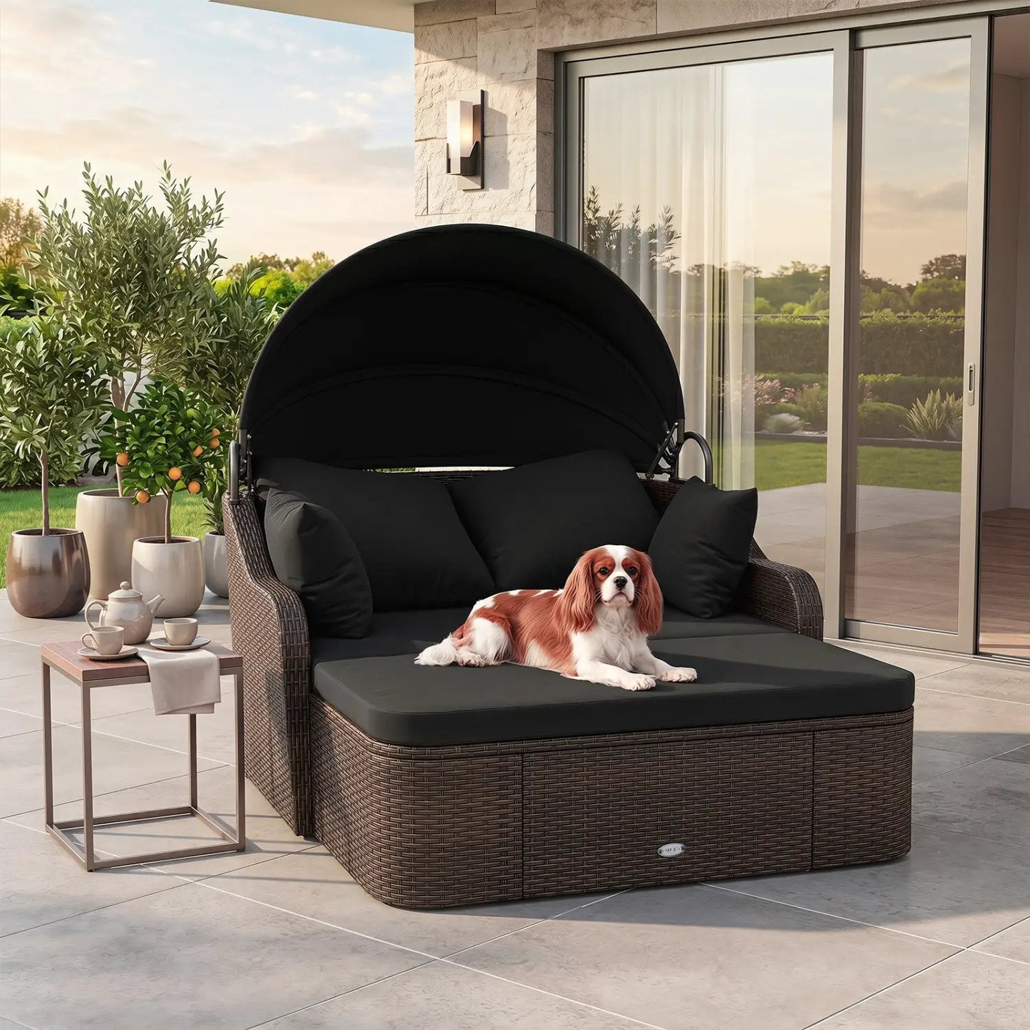 Outdoor Rattan Daybed with Retractable Canopy and Cushions by DirectDeals