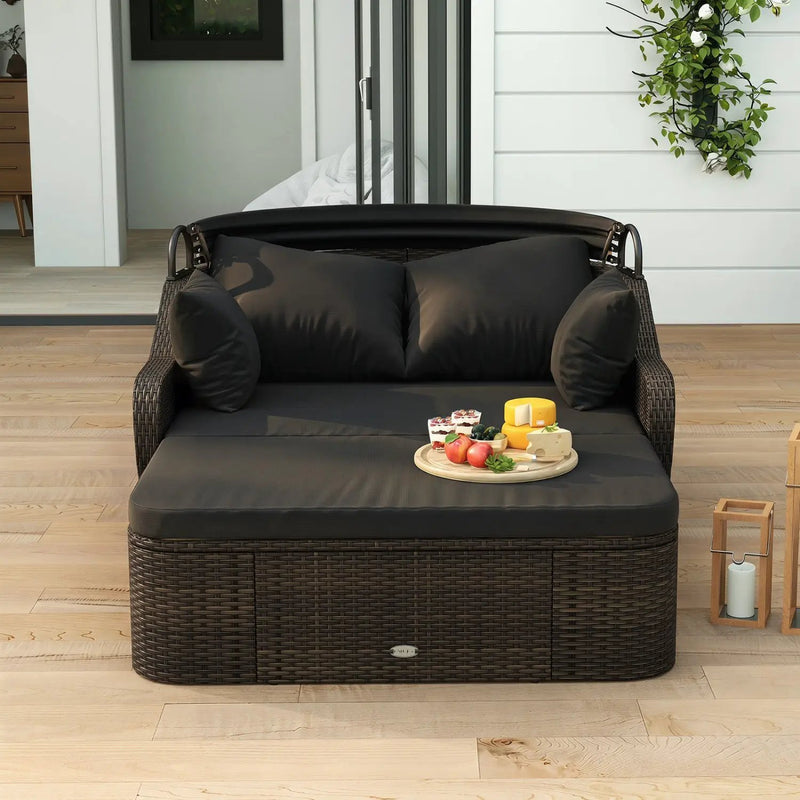 Outdoor Rattan Daybed with Retractable Canopy and Cushions by DirectDeals