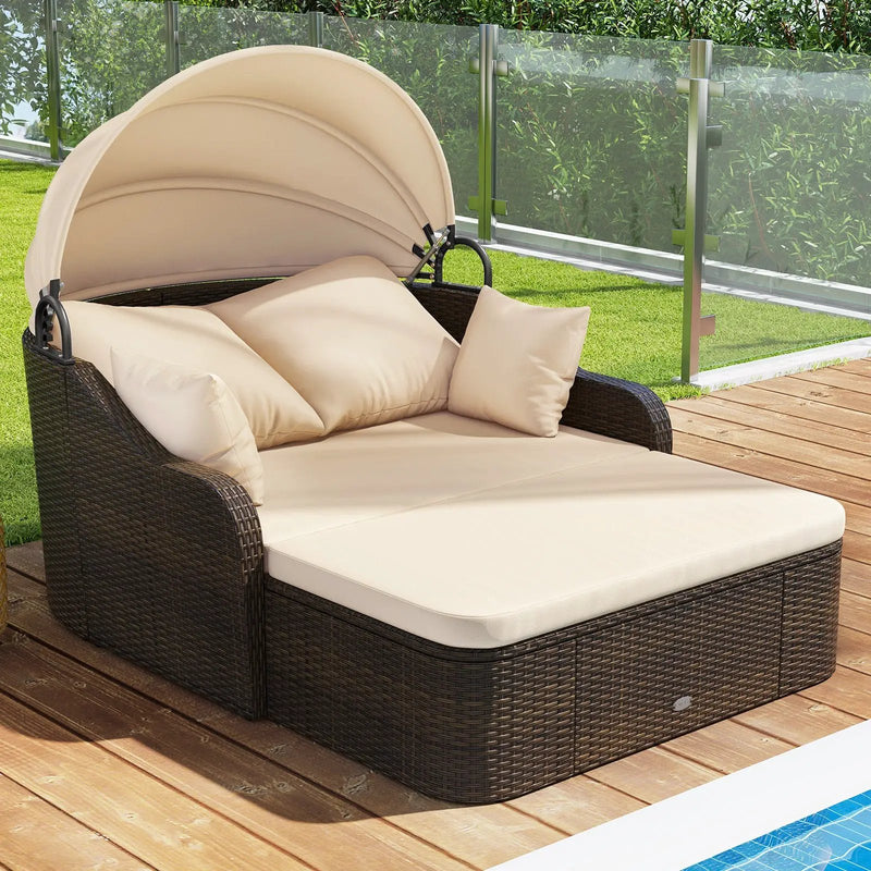 Patio PE Rattan Daybed with Retractable Canopy and Soft Cushions-Beige by DirectDeals