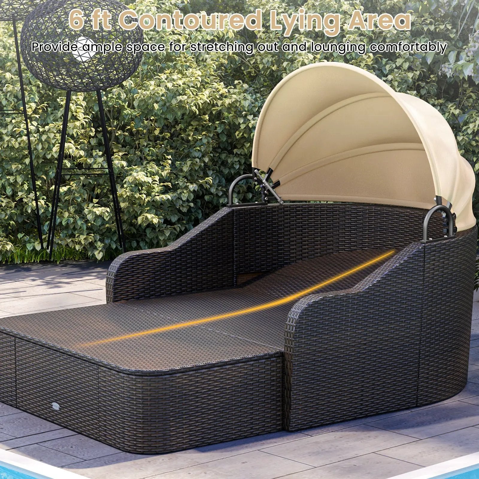 Patio PE Rattan Daybed with Retractable Canopy and Soft Cushions-Beige by DirectDeals