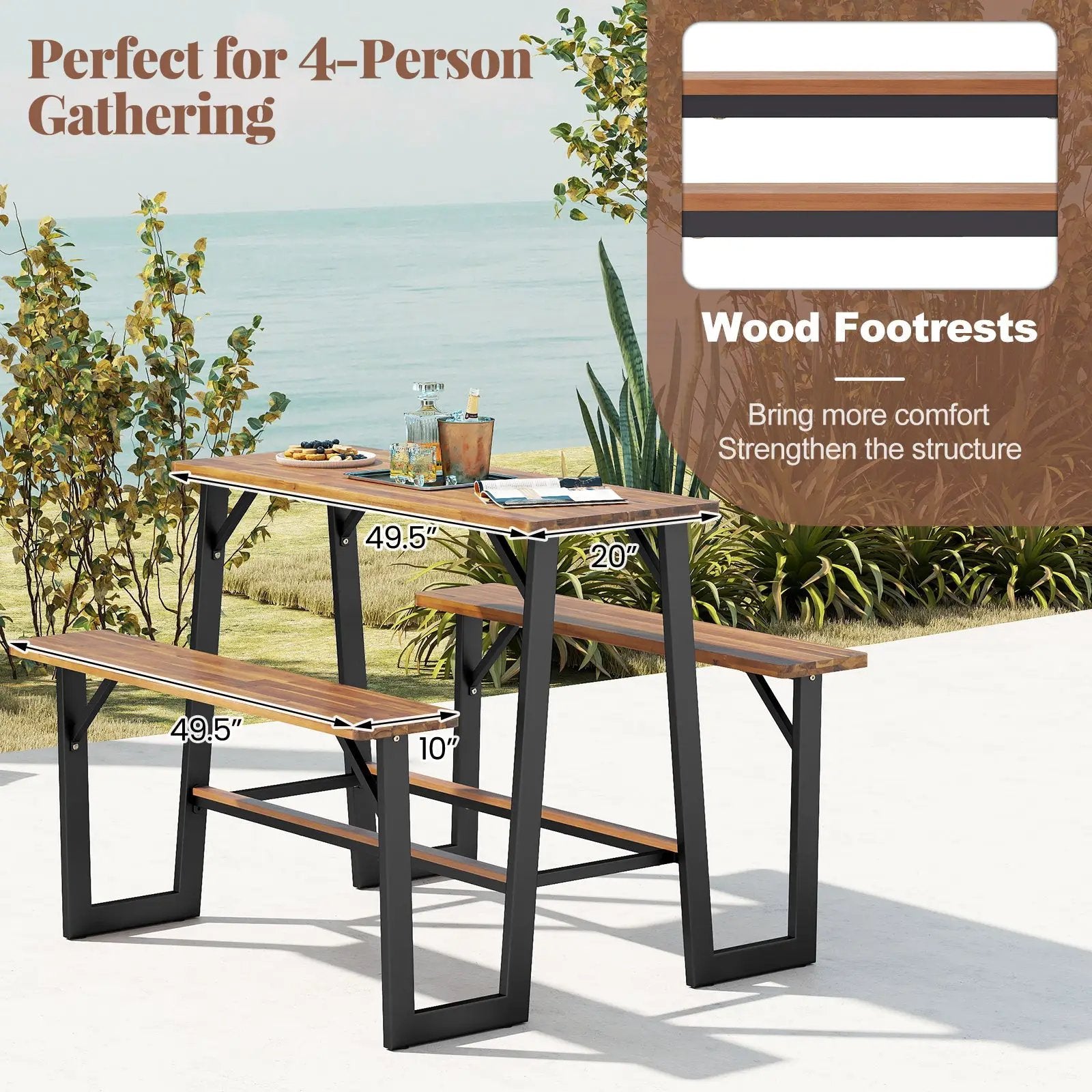 Patio Picnic Table Bench Set with Acacia Wood Tabletop and Benchtop by DirectDeals