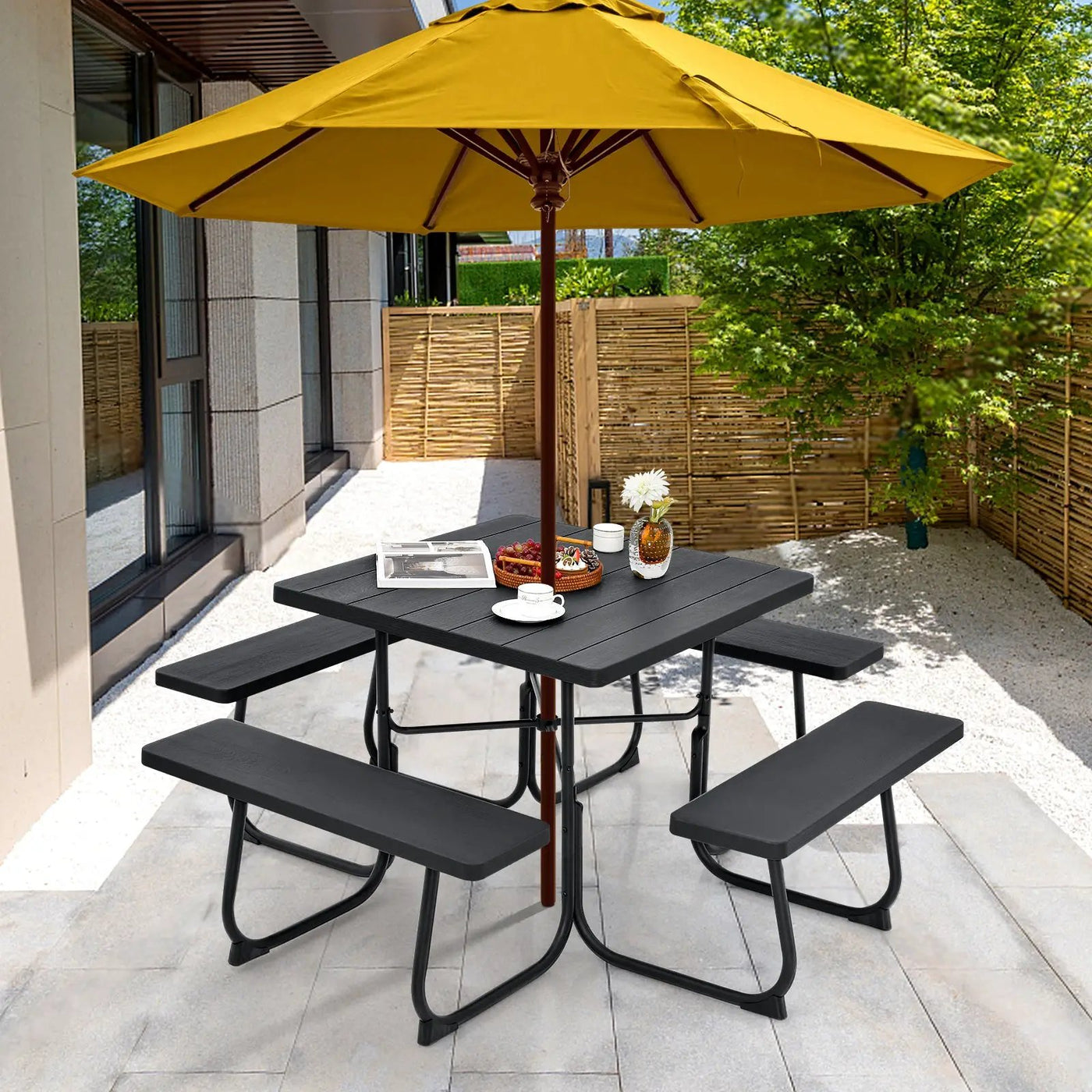 Outdoor Picnic Table with 4 Benches and Umbrella Hole by DirectDeals