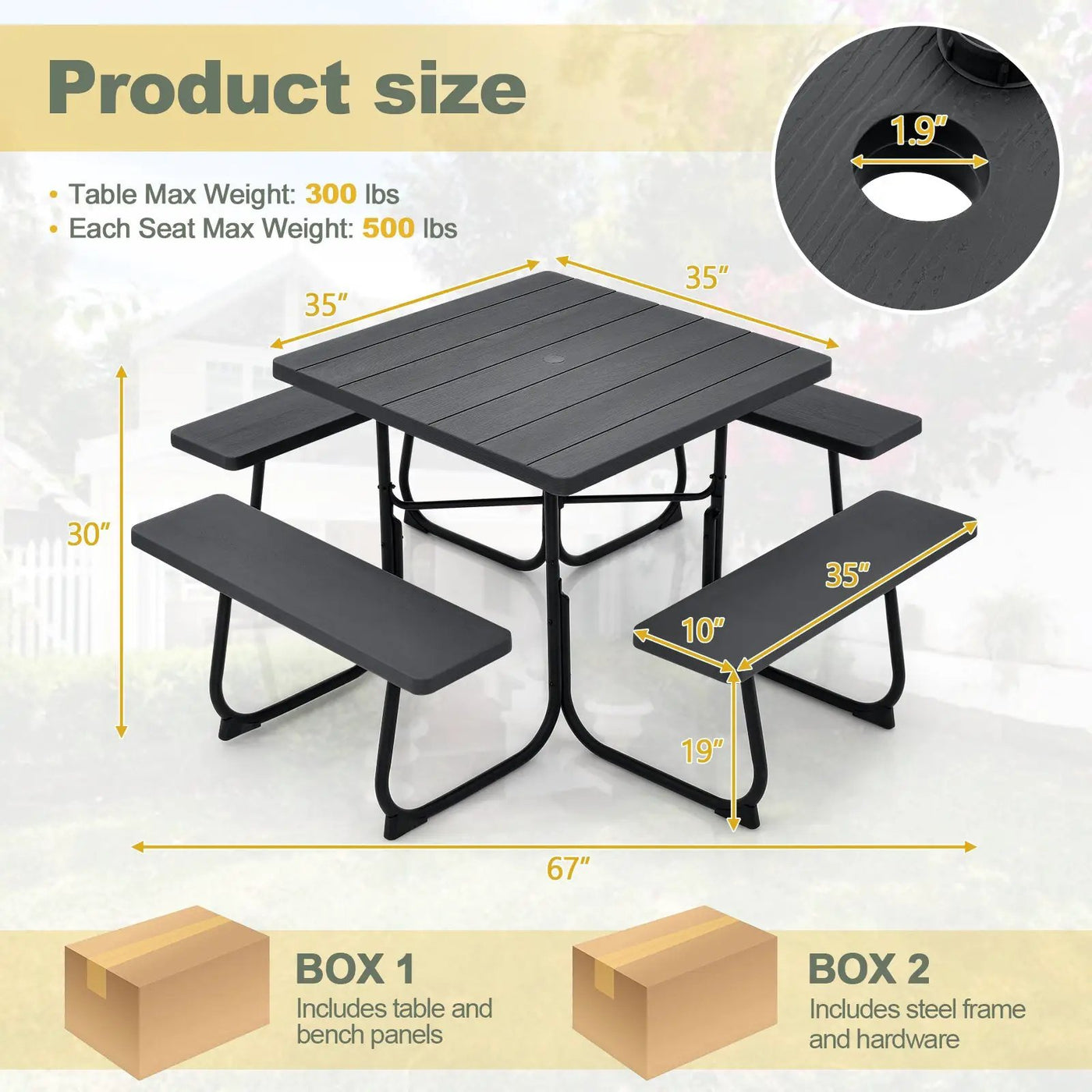 Outdoor Picnic Table with 4 Benches and Umbrella Hole by DirectDeals