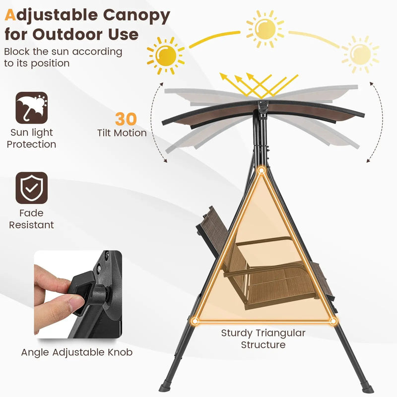 2 Person Porch Swing with Adjustable Canopy and Padded Seat-Brown by DirectDeals