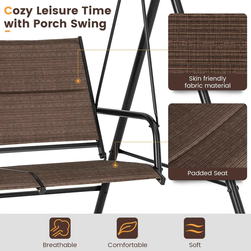 2 Person Porch Swing with Adjustable Canopy and Padded Seat-Brown by DirectDeals