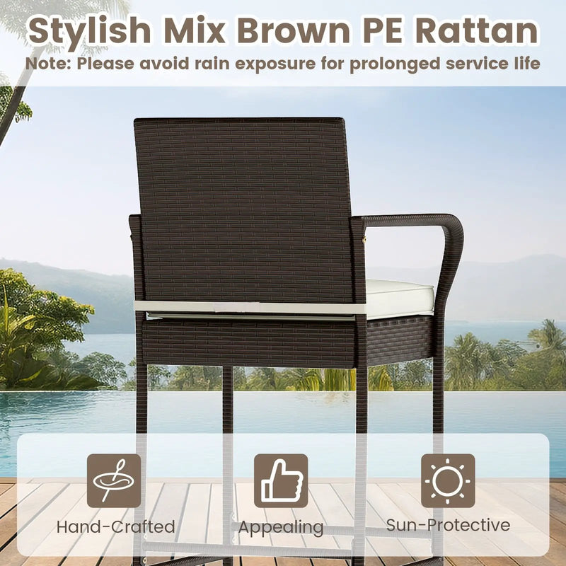 Patio Rattan Bar Height Table and Chairs with 2 Seat Cushions for Porch-White by DirectDeals