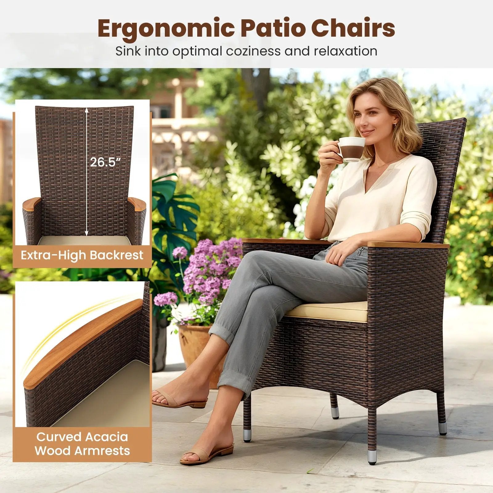Patio Rattan Chairs Set of 2 Outdoor Wicker Dining Chairs with High Backrest-Beige by DirectDeals