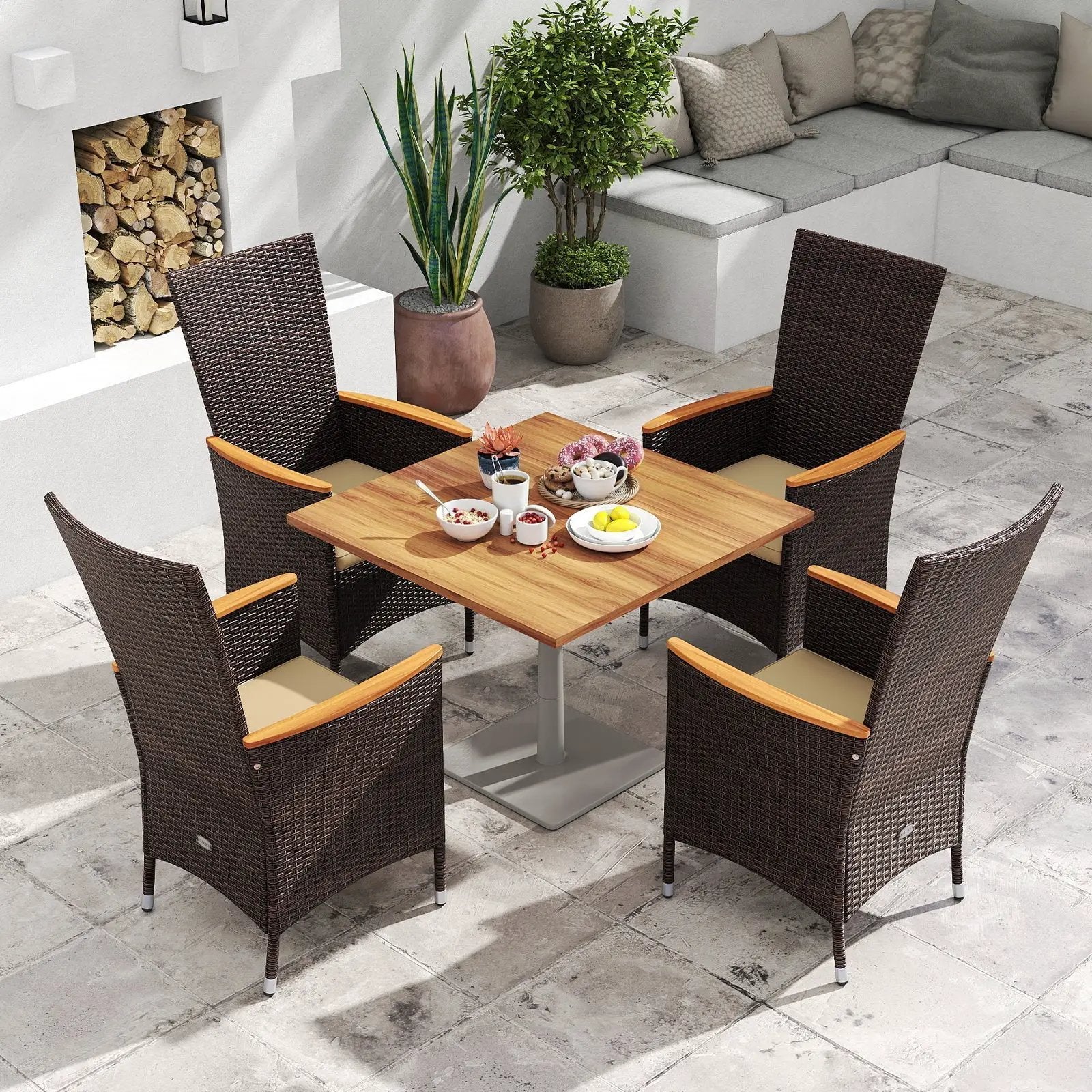 Patio Rattan Chairs Set of 4 Outdoor Wicker Dining Chairs with High Backrest-Beige by DirectDeals