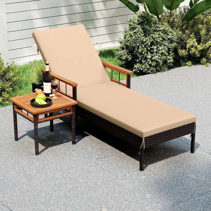 Patio Rattan Chaise Lounge with Side Table and Adjustable Backrest-Beige by DirectDeals