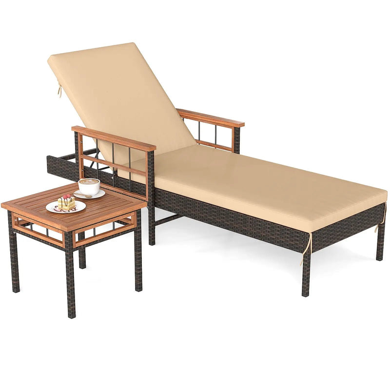 Patio Rattan Chaise Lounge with Side Table and Adjustable Backrest-Beige by DirectDeals