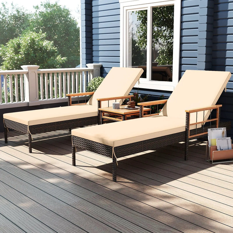 Patio Rattan Chaise Lounge with Side Table and Adjustable Backrest-Beige by DirectDeals