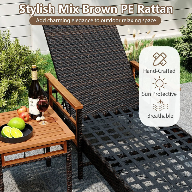 Patio Rattan Chaise Lounge with Side Table and Adjustable Backrest-Beige by DirectDeals