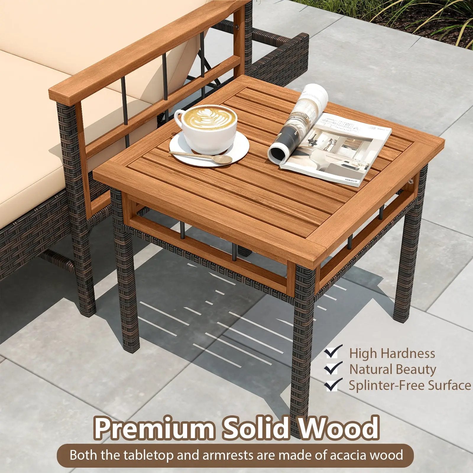 Patio Rattan Chaise Lounge with Side Table and Adjustable Backrest-Beige by DirectDeals