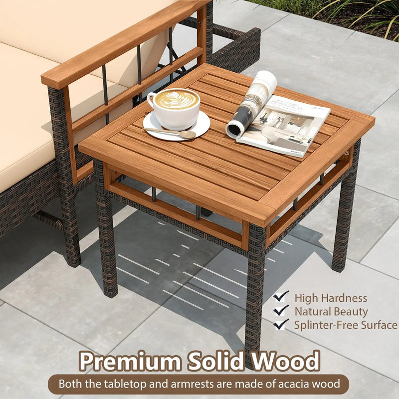 Patio Rattan Chaise Lounge with Side Table and Adjustable Backrest-Beige by DirectDeals