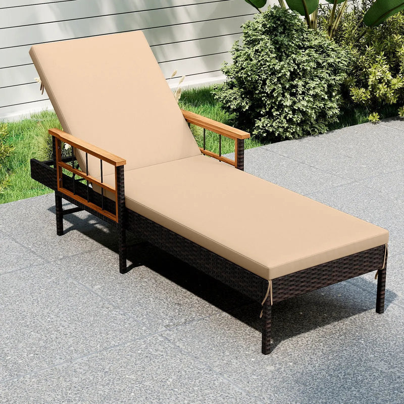 Patio Rattan Chaise Lounge with 4-Level Adjustable Backrest-Beige by DirectDeals